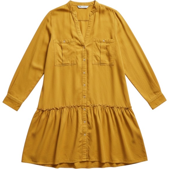 Zara Dresses & Skirts - Zara Mustard Yellow Button Down Mini Dress Tiered Ruffle Long Sleeve Womens M